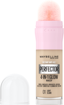 Maybelline Instant Perfector 4-in-1 Glow makeup 01 Light, beżowa butelka z różowym aplikatorem, przód.