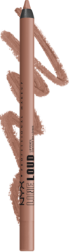 NYX Line Loud Lip Liner w beżowo-brązowym odcieniu, matowy, pionowo, z smugami koloru obok.
