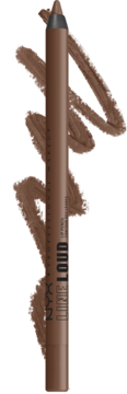 NYX Line Loud Lip Liner brązowy, matowy ołówek do ust ze swatche, widok pionowy, widoczny napis Line Loud.