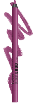 Matowa purpurowa konturówka NYX Line Loud do ust z widoczną ostrą końcówką, na tle fioletowych swatches.