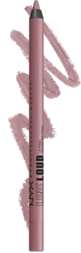 NYX Line Loud Lip Pencil w odcieniu dusty rose, matowe wykończenie. Widoczny z boku, ze swatche obok.