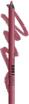 Kredka do ust NYX Line Loud w kolorze dusty rose, widok pionowy, z kremowymi swatchami na białym tle.
