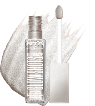 NYX Ultimate Glow Shots, srebrny płynny cień do powiek, widok na butelkę i aplikator z błyszczącym efektem.
