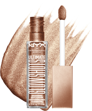 NYX Ultimate Glow Shots, płynny cień w brązowym odcieniu z aplikatorem i błyszczącą smugą produktu.