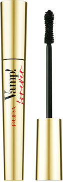 Złota mascara PUPA Vamp! Forever, wodoodporna, o dużej objętości, z widoczną czarną szczoteczką.