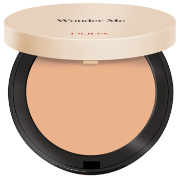 Puder Pupa Wonder Me Powder-No-Powder w otwartym beżowym opakowaniu, z logo PUPA na wieczku.