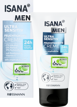ISANA MEN ULTRA SENSITIV Krem nawilżający do skóry wrażliwej, w białej tubce, częściowo za pudełkiem.