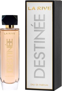 LA RIVE DESTINÉE Eau de Parfum, butelka z beżowym płynem i biało-czarne pudełko. Widok z przodu. Orientalny zapach.