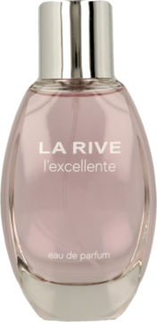La Rive l'excellente woda perfumowana w owalnej butelce z jasnoróżowym płynem i srebrnym korkiem, widok z przodu.