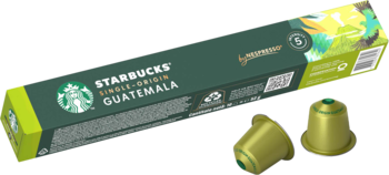 Kawa Starbucks Single-Origin Guatemala Nespresso: ciemnozielone opakowanie i dwie lśniące, jasnozielone kapsułki.