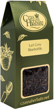 Ciemnozielone pudełko herbaty Czas na Herbatę Earl Grey Bluebottle. Widoczne czarne liście herbaty z niebieskimi płatkami.