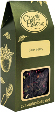 Ciemnozielone pudełko herbaty Czas na Herbatę Blue Berry, widok z przodu. Widać czarną herbatę liściastą z dodatkami.
