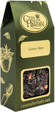 Ciemnozielone pudełko herbaty Czas na Herbatę Green Aloe, z okienkiem ukazującym zielone liście i płatki róż.
