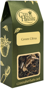 Green tea Czas na Herbatę Green Citrus in a tall green box, with a window showing loose leaves and citrus pieces.
