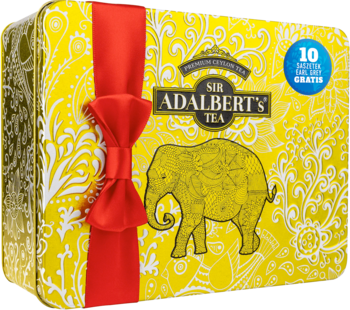 Żółta puszka herbaty czarnej Sir Adalbert's Golden/Earl Grey, z czerwoną kokardą i wzorem słonia.
