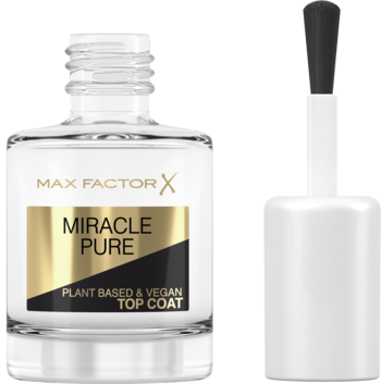 Max Factor Miracle Pure wegański top coat, bezbarwny lakier do paznokci z białym aplikatorem, widok butelki z przodu.