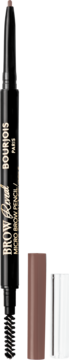 Pionowy automatyczny ołówek do brwi Bourjois Brow Reveal w brązowym kolorze, obok widoczna końcówka i biała skuwka.