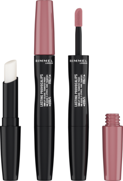 Rimmel Lasting Provocalips 400 Grin & Bare It, dwuetapowa pomadka z otwartym balsamem i płynnym kolorem.