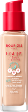 Bourjois Healthy Mix, rozświetlający podkład w beżowej butelce z czerwoną pompką, widok z przodu, etykieta.