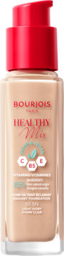Bourjois Healthy Mix Radiant Foundation 50.5N Light Ivory, beżowa butelka z czerwoną pompką, widok z przodu.