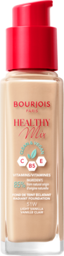 Wegański podkład rozświetlający Bourjois Healthy Mix 51W w beżowej szklanej butelce z czerwoną pompką.
