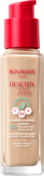 Bourjois Healthy Mix Radiant Foundation 51.2W Golden Vanilla. Szklana butelka z czerwoną pompką, widok z przodu.