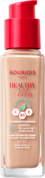 Bourjois Healthy Mix podkład rozświetlający 51.5C w beżowej butelce z czerwoną pompką, widok z przodu.