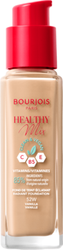Bourjois Healthy Mix podkład rozświetlający 52W Vanilla, beżowa butelka z czerwoną pompką, wegański z witaminami.