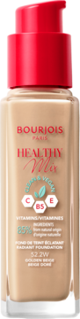 Bourjois Healthy Mix Radiant Foundation 52.2W Golden Beige w szklanej butelce z czerwoną pompką, widok z przodu.