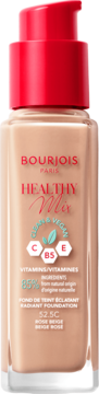 Bourjois Healthy Mix podkład rozświetlający z witaminami w szklanej butelce z czerwoną pompką.