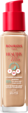 Bourjois Healthy Mix Radiant Foundation, light beige bottle with red pump, "Clean & Vegan" and vitamin logos.
