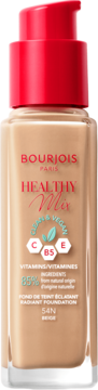 Beżowy podkład Bourjois Healthy Mix Radiant Foundation 54N BEIGE w szklanej butelce z czerwoną pompką, widok z przodu.
