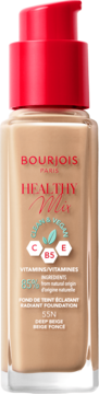 Wegański podkład rozświetlający Bourjois Healthy Mix 55N Deep Beige, butelka z czerwoną pompką, widok z przodu.