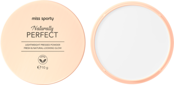 Miss Sporty Naturally Perfect, lekki wegański puder prasowany. Dwie jasnobeżowe puderniczki, jedna otwarta z pudrem.