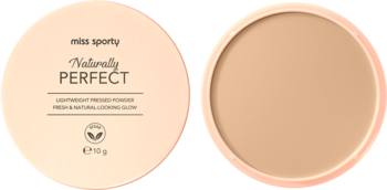 Wegański Miss Sporty Naturally Perfect jasnobeżowy puder prasowany w okrągłych kompaktach, pokazany zamknięty i otwarty.