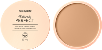 Miss Sporty Naturally Perfect wegański puder prasowany 003, otwarte jasnobeżowe opakowanie, widoczny beżowy puder.