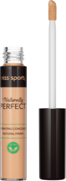 Wegański korektor Miss Sporty Naturally Perfect nawilżający, beżowa butelka z aplikatorem obok.