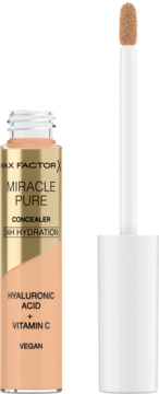 Max Factor Miracle Pure korektor w beżowej butelce ze złotą nakrętką, wyjęty biały aplikator z beżową końcówką.