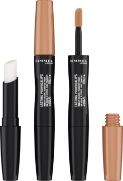 Dwuetapowa pomadka Rimmel Lasting Provocalips 115 Best Undressed, brązowa, z otwartym aplikatorem i balsamem.