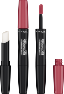Dwie pomadki Rimmel Lasting Provocalips w różowo-czarnym opakowaniu, jedna otwarta z aplikatorem i balsamem.