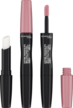 Rimmel Lasting Provocalips 220 Come Up Roses. Trzy elementy: zamknięta, otwarta pomadka z aplikatorem i biały sztyft.