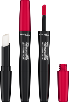 Dwie pomadki Rimmel London Lasting Provocalips, jedna otwarta z aplikatorem czerwonej szminki, druga z białym balsamem.