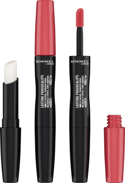 Dwuczęściowa pomadka Rimmel Lasting Provocalips 730 Make A Mauve, otwarta, z aplikatorem i balsamem.