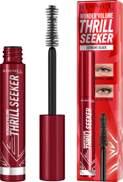 Rimmel Thrill Seeker Extreme Black mascara z otwartą czerwoną tubą i szczoteczką klepsydrą, obok pudełko.