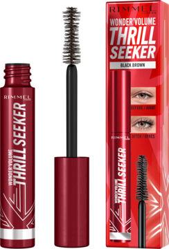 Rimmel Wonder Volume Thrill Seeker mascara w odcieniu Black Brown. Dwa czerwone opakowania, jedno z wyciągniętą szczoteczką.