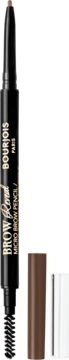 Automatyczna kredka do brwi Bourjois Brow Reveal, czarna, z brązową końcówką i szczoteczką, biała nakładka obok.