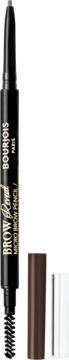 Czarny Bourjois Brow Reveal Micro Brow Pencil z brązową końcówką, szczoteczką i zapasową wkładką.