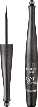 Czarny eyeliner Bourjois Liner Pinceau w smukłej butelce, z wysuniętym cienkim pędzelkiem, widok z przodu.
