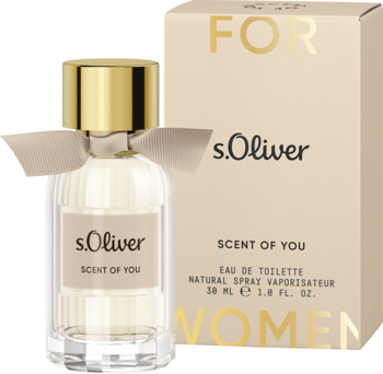 s.Oliver Scent Of You, damska woda toaletowa 30ml, butelka z beżową wstążką i pasujące złote pudełko.