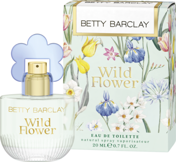 Betty Barclay Wild Flower woda toaletowa, butelka z niebieskim korkiem kwiatu i kwieciste pudełko obok.